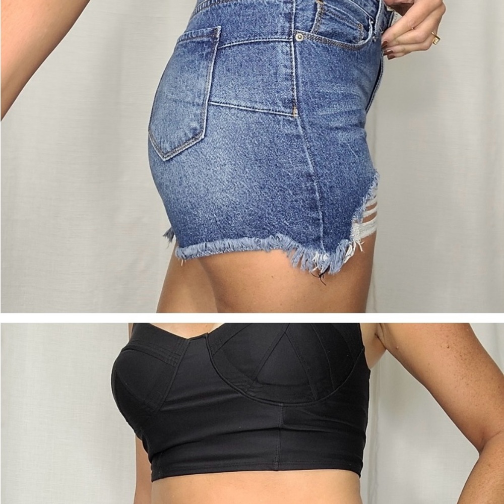 Blue Denim High-Waisted Shorts and Black Crop Top